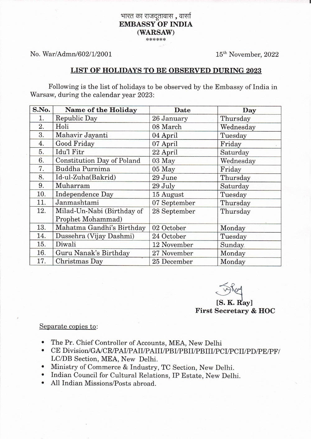 Embassy of India, Poland & Lithuania List of Holidays